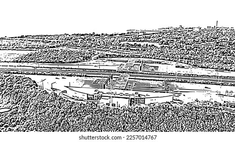 Malmo, Sweden. Car payment point. At the entrance to the Oresund bridge between Sweden and Denmark. Doodle sketch style. Aerial view
