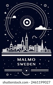 Malmo, Sweden city creative poster with abstract thin line cityscape and skyline. Chalkboard style vector black and white illustration, vertical graphic