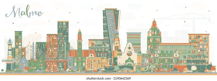 Malmo Sweden City Skyline with Color Buildings. Vector Illustration. Malmo Cityscape with Landmarks. Business Travel and Tourism Concept with Historic Architecture.