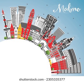 Malmo Sweden City Skyline with Color Buildings, Blue Sky and Copy Space. Vector Illustration. Malmo Cityscape with Landmarks. Business Travel and Tourism Concept with Historic Architecture.