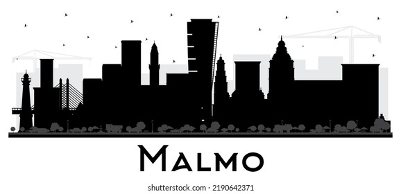 Malmo Sweden City Skyline Silhouette with Black Buildings Isolated on White. Vector Illustration. Malmo Cityscape with Landmarks. Business Travel and Tourism Concept with Historic Architecture.