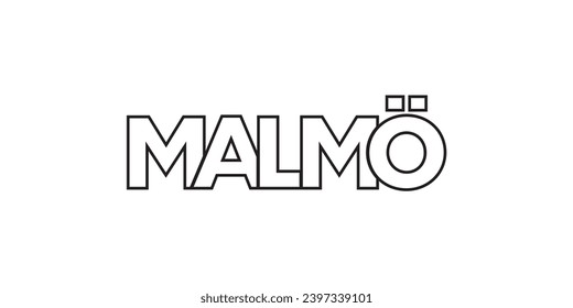 Malmo en el emblema de Suecia para la prensa y la web. El diseño presenta estilo geométrico, ilustración vectorial con tipografía audaz en fuente moderna. Letras gráficas de eslóganes aisladas en fondo blanco.