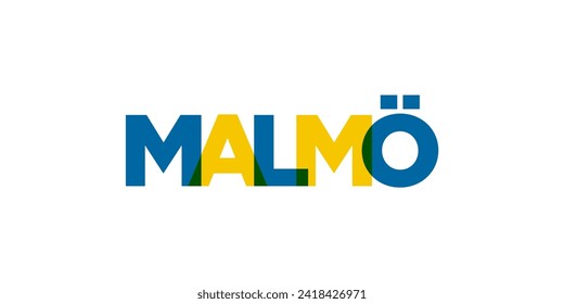 Malmo im schwedischen Emblem für Druck und Web. Das Design zeichnet sich durch geometrischen Stil, Vektorgrafik mit gewagter Typografie in moderner Schrift aus. Grafische Slogan-Schrift einzeln auf weißem Hintergrund.