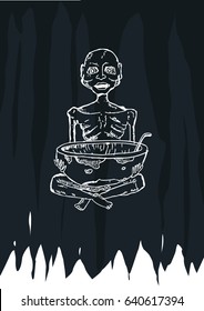 Malnourished person or child reversed drawing on a ripped black banner. Editable Clip Art. 