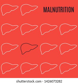 Malnutrition and liver disease awareness poster made in linear style on red background. Healthy digestive system medical concept. Human body anatomy icon. Internal organ symbol. Vector illustration.