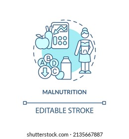 Malnutrition turquoise concept icon. Undernutrition. Food security basic definitions abstract idea thin line illustration. Isolated outline drawing. Editable stroke. Arial, Myriad Pro-Bold fonts used