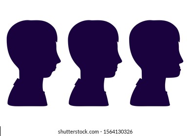 Malocclusion, man in profile, silhouette. Wrong bite: lower jaw extended forward and retracted. Bite correction with braces. Vector illustration