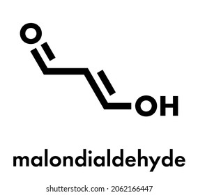 Malondialdehyd-Molekül (MDA, Enol-Form). Marker für oxidative Belastung und natürlich bei der Lipidperoxidation von mehrfach ungesättigten Fettsäuren. Skelettformel.