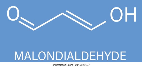 Malondialdehído o MDA, forma de enol, molécula. Marcador de estrés oxidativo y producido naturalmente durante la peroxidación lipídica de ácidos grasos poliinsaturados, fórmula química esquelética.