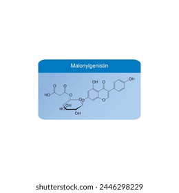 Malonyldaidzin skeletal structure diagram.Isoflavanone compound molecule scientific illustration on blue background. svg