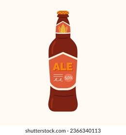 Malt ale in a brown glass bottle. Refreshing low-alcohol cold drink. Design elements for menu restaurant, bar, pub.