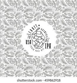 Malt And Cone Hop Pattern. Craft Beer Brewery Label. Black Print On White Background