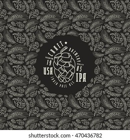 Malt and cone hop pattern. Craft beer brewery label. Print on black background 