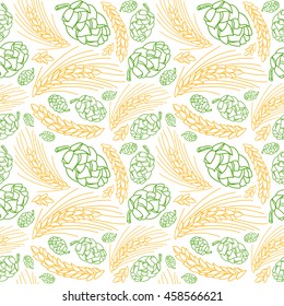 Malt and cone hop seamless pattern. Ingredients for brewing beer. Color print on white background 