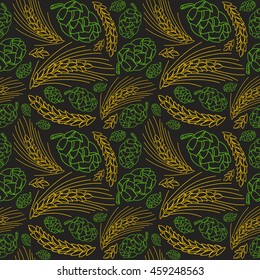 Malt and cone hop seamless pattern. Ingredients for brewing beer. Color print on black  background 