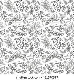 Malt and cone hop seamless pattern. Ingredients for brewing beer. Black print on white background 