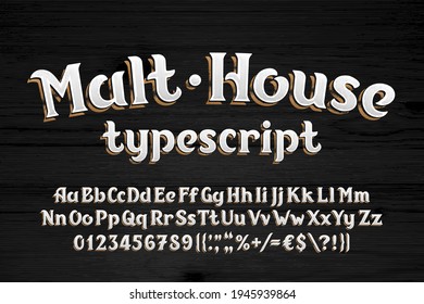 Tipo de letra del alfabeto de Malt House. Letras, números y símbolos antiguos. Fondo de madera. Mayúsculas y minúsculas. Escritura vectorial de material para el diseño tipográfico.