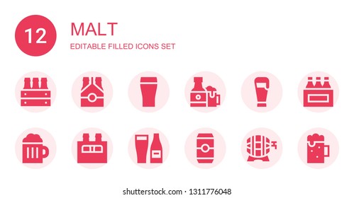 malt icon set. Collection of 12 filled malt icons included Beer, Beers