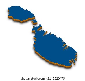 Malta 3D map. Detailed 3d map with dropped shadow. Blue isometric silhouette. Vector illustration. Template for design.