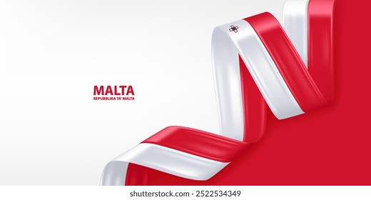 Malta 3D ribbon flag. Bent waving 3D flag in colors of the Malta national flag. National flag background design.
