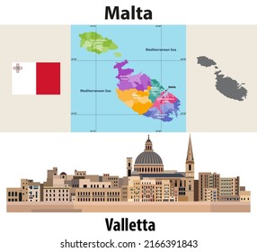 Malta administrative divisions map. Flag of Malta. Flat style cityscape of Valletta. Vector illustration