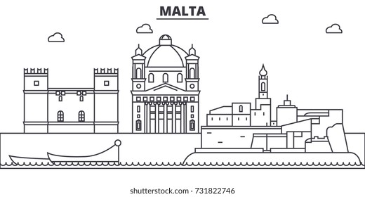 Malta architecture line skyline illustration. Linear vector cityscape with famous landmarks, city sights, design icons. Landscape wtih editable strokes