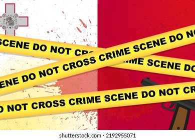 Banner vectorial de ataque armado de Malta, concepto de noticias de tiroteo, asalto armado con armas y mancha de sangre en la bandera de Malta, cinta amarilla de la policía, composición de la escena del crimen, vista superior, diseño plano