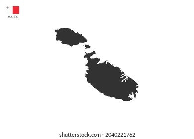 Malta black shadow map isolated on white background with Malta icon flag on the left corner.