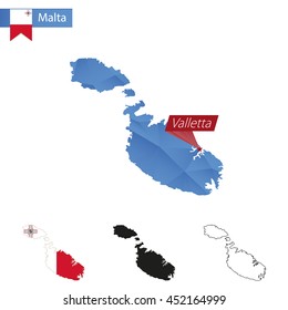 Malta blue Low Poly map with capital Valletta, versions with flag, black and outline. Vector Illustration.