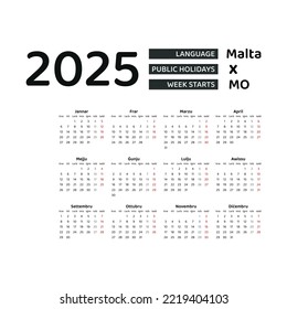 Malta Calendar 2025. Week starts from Monday. Vector graphic design. Maltese language.