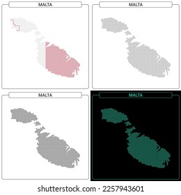 Malta Circular Mosaic Brick Dotted Map, Set of National Flag Color, Black Silhouette Country Boundary Isolated on White Background, Geographic Vector Illustration