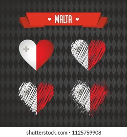 Malta Collection of four vector hearts with flag. Heart silhouette
