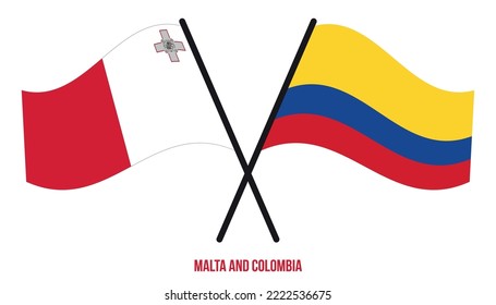 Malta and Colombia Flags Crossed And Waving Flat Style. Official Proportion. Correct Colors.