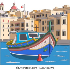 Malta. The colorful traditional fishing boat Luzzu against the backdrop of the city of Valletta.