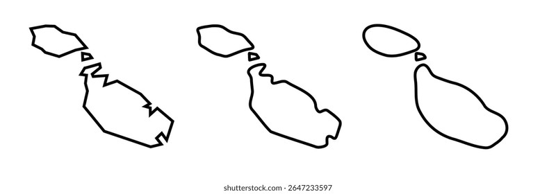 Malta country black outline silhouettes in three different levels of smoothness. Simplified maps. Vector icons isolated on white background.