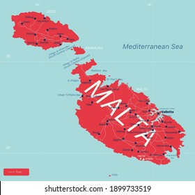 Mapa editable detallado por países de Malta con las regiones ciudades y pueblos, carreteras y ferrocarriles, lugares geográficos. Archivo EPS-10 del vector