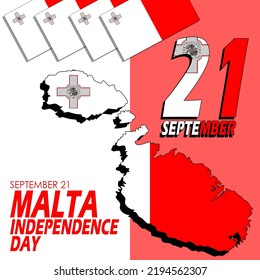 Malta-Landkarte und Flagge mit fett gedrucktem Text auf rotem und weißem Hintergrund anlässlich des Malta Independence Day am 21. September