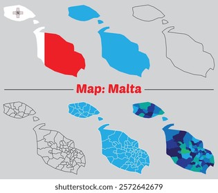 Malta country map set. internal provinces borders marked, Simple map of Malta vector drawing, Filled and outline.