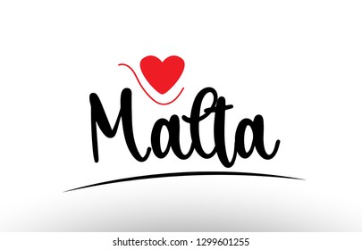 Malta country text with red love heart suitable for a logo icon or typography design