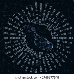 Malta digital map. Binary rays radiating around glowing island. Internet connections and data exchange design. Vector illustration.