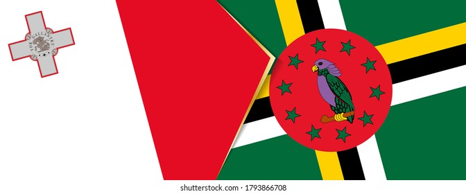 Malta and Dominica flags, two vector flags symbol of relationship or confrontation.