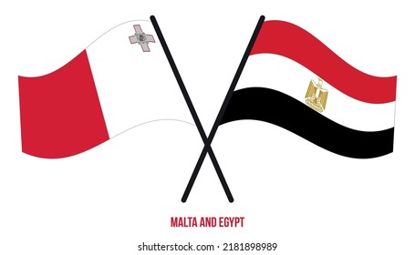 Banderas de Malta y Egipto cruzadas y ondeando estilo plano. Proporción oficial. Colores correctos.