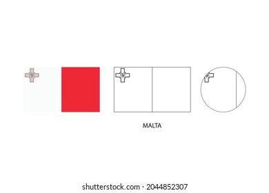 Bandera de Malta 3 versiones, Ilustración vectorial, Línea delgada negra de rectángulo y el círculo sobre fondo blanco.