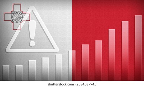 Bandera de Malta con textura de arpillera, señal de advertencia y gráfico de barras ascendente que simboliza el aumento del riesgo o los desafíos de crecimiento en el país. Ideal para presentaciones de datos.