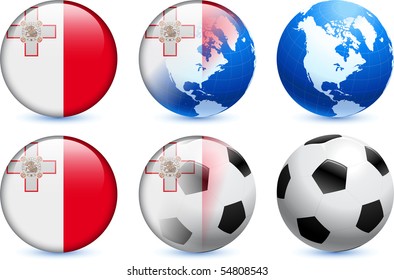 Malta Flag Button with Global Soccer Event Original Illustration