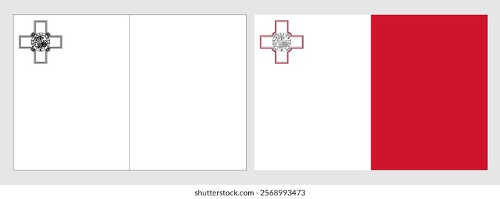 Malta flag - coloring page. Set of white wireframe thin black outline flag and original colored flag.