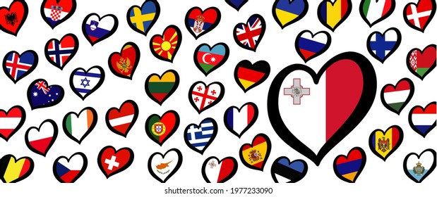 Malta flag and different countries flags with heart flags logo. For Europe, eurovision music song festival, contest. Music songs for vision dreams. Vector euro TV icon pattern. 