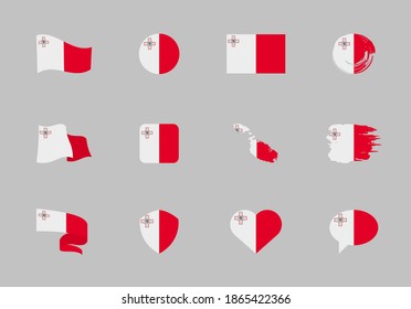 Malta flag - flat collection. Flags of different shaped twelve flat icons. Vector illustration set