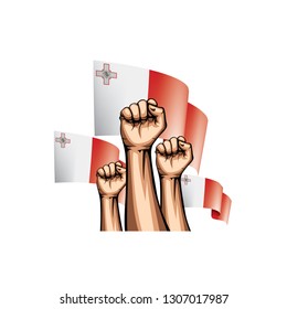 Malta flag and hand on white background. Vector illustration