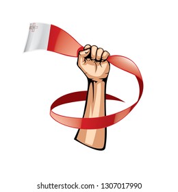 Malta flag and hand on white background. Vector illustration